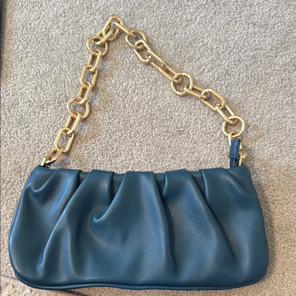 A New Day Blue and Gold Shoulder Bag with Ruched Design